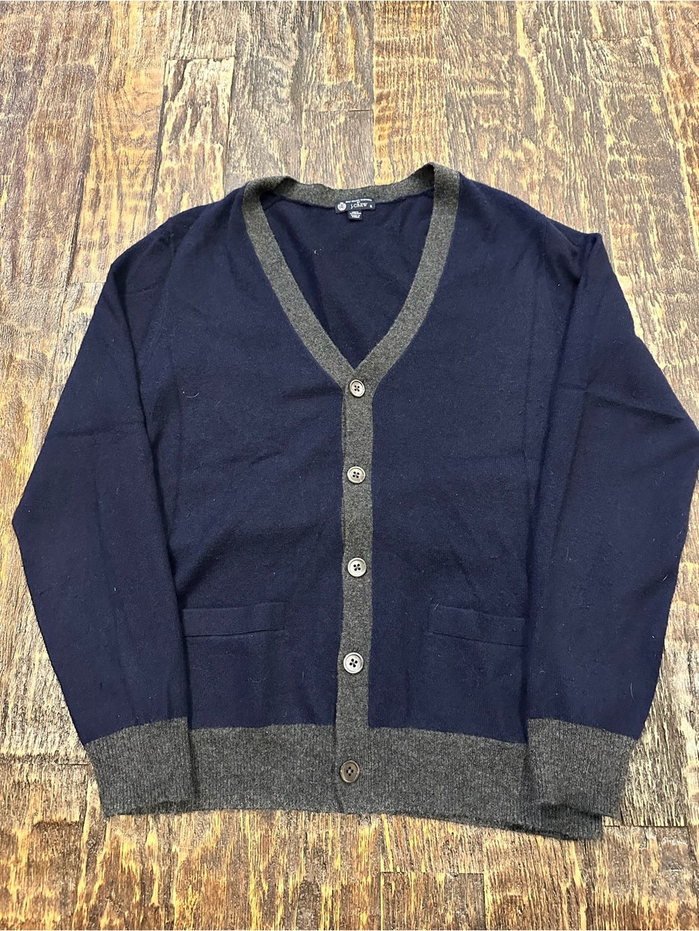 J. Crew 100% cashmere men’s Navy Cardigan with Gray Trim